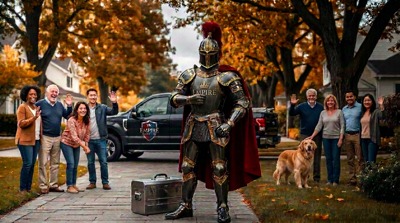 Empire Heating & Air knight in gold-trimmed armor stepping out of a branded service truck and greeting Westchester neighbors
