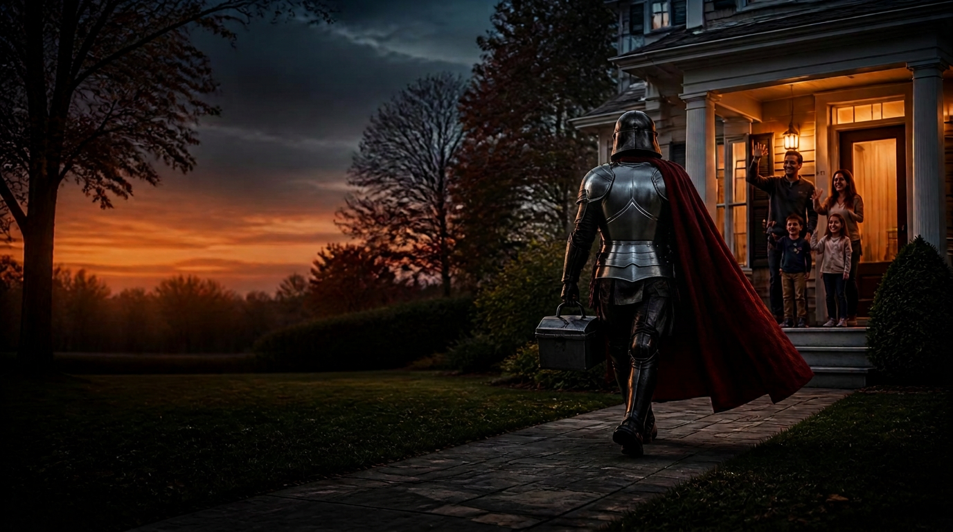 The Empire Guardian knight walking away from a Westchester home at dusk as a satisfied family waves from the porch