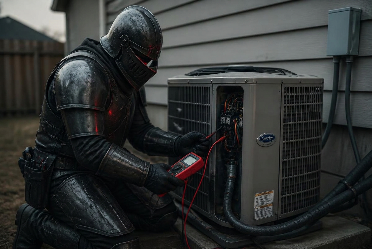 The Empire Guardian knight in gunmetal armor testing electrical components on an outdoor condenser unit