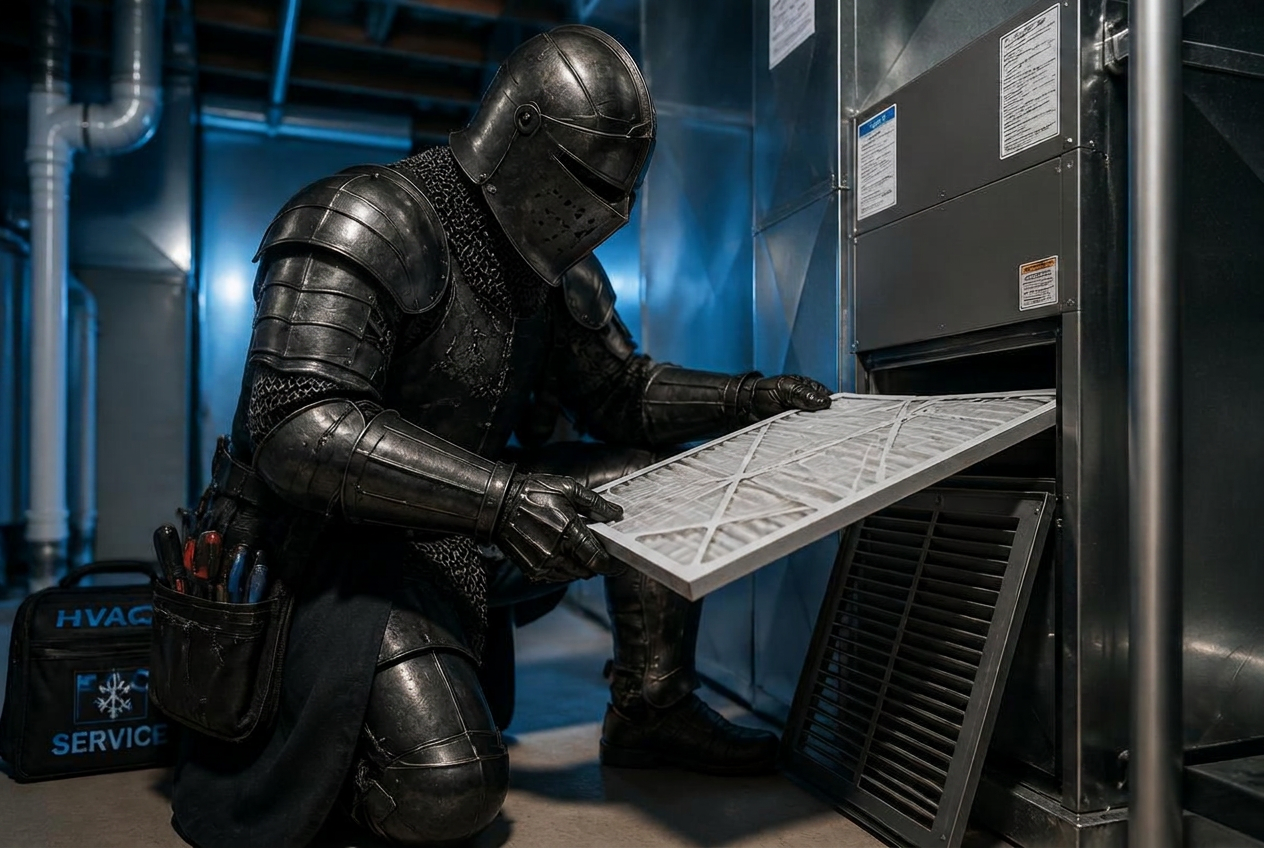 The Empire Guardian knight checking the filter and airflow at a return air plenum