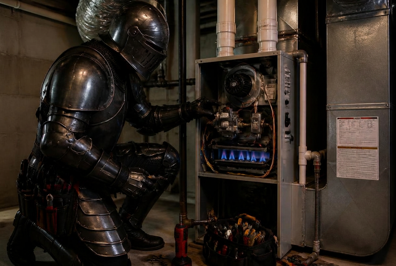 The Empire Guardian knight inspecting a gas furnace burner assembly during preventive maintenance