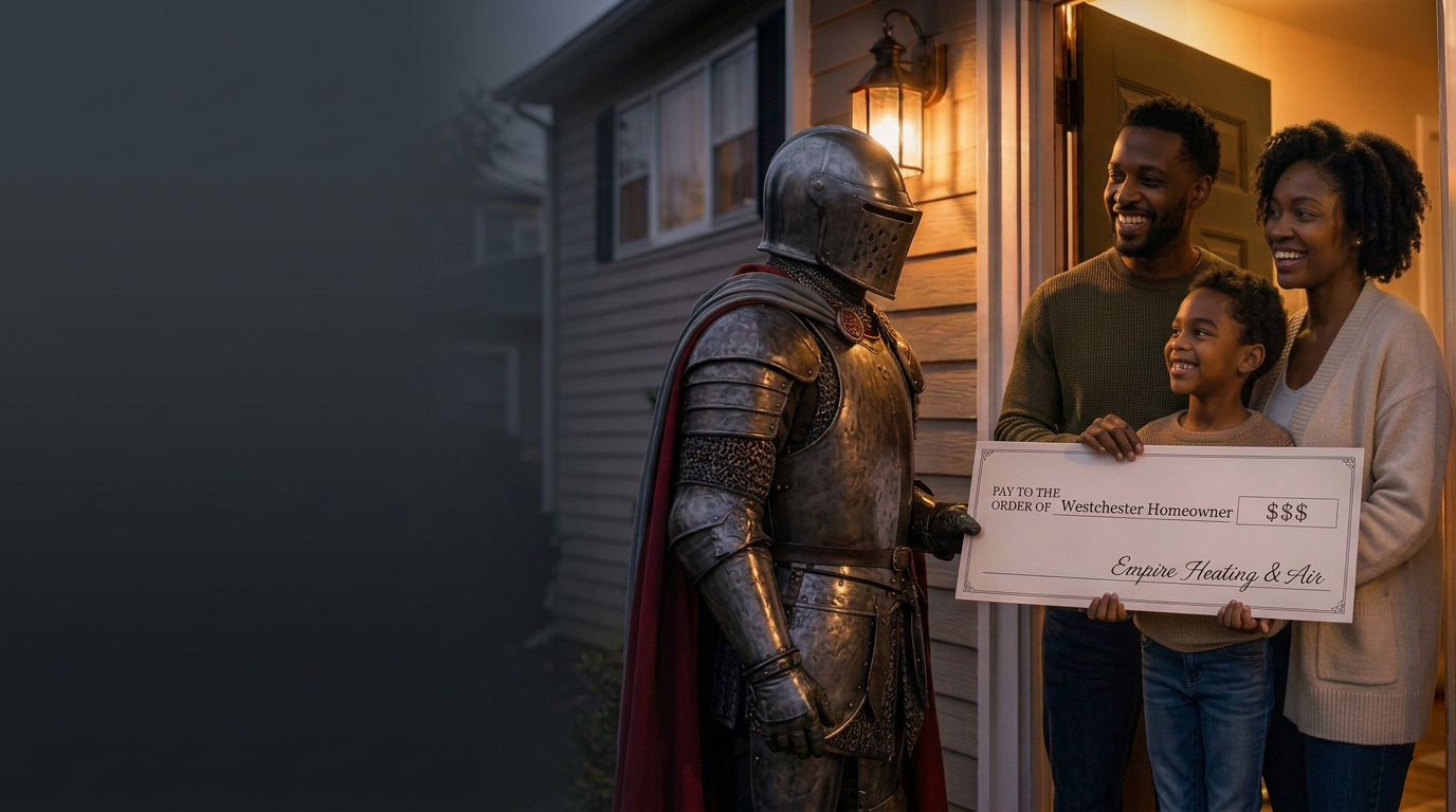 Empire knight presenting a rebate check to a Black family with a child, Westchester homeowners, signed by Empire Heating & Air