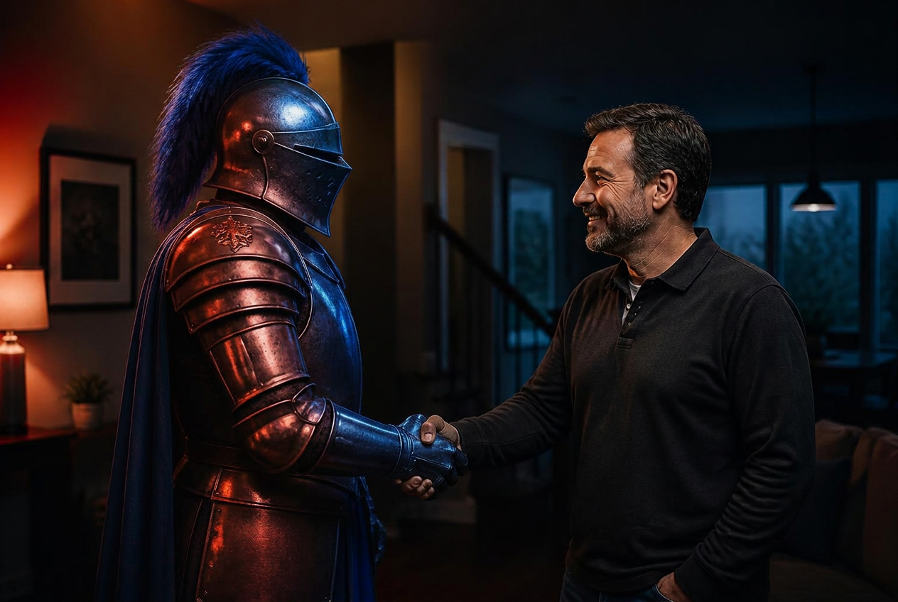 The Empire guardian knight shaking hands with a satisfied Westchester County customer after a job well done